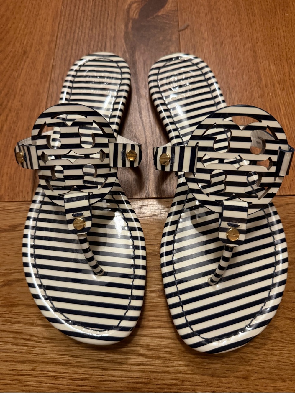 Tory Burch Navy and White Striped Logo Thong Sandals size 7.5 EUC